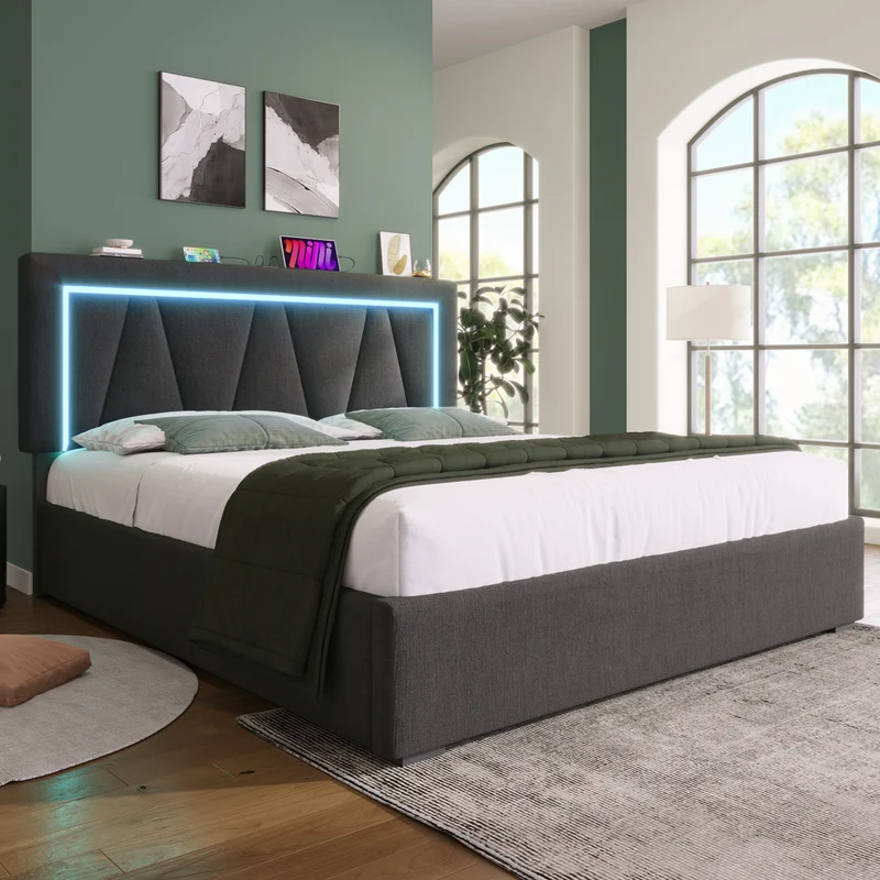 Lit double 140x200 cm en lin gris avec LED, rangement, tête de lit réglable, ports USB & Type C – Sommier inclus, sans matelas