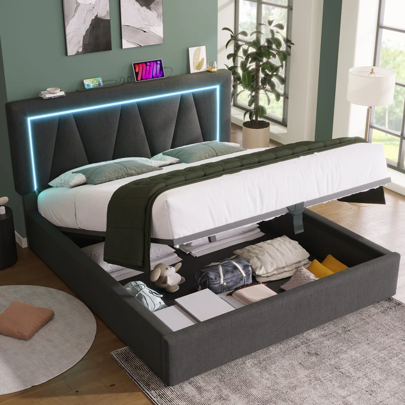 Lit double 140x200 cm en lin gris avec LED, rangement, tête de lit réglable, ports USB & Type C – Sommier inclus, sans matelas