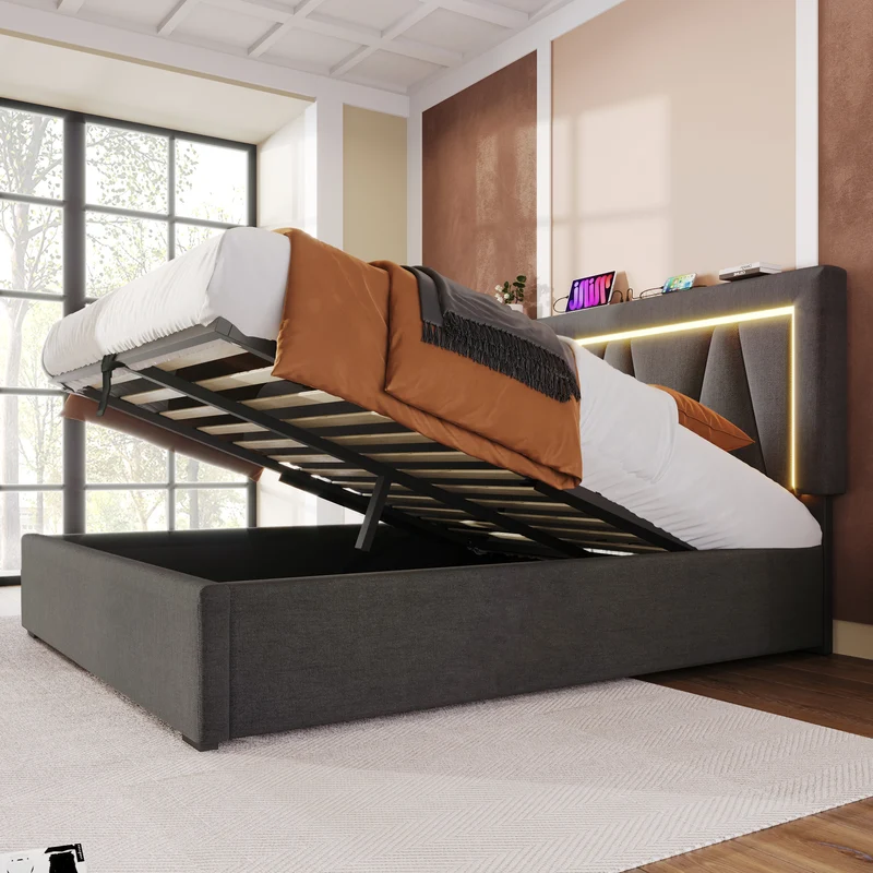 Lit double 140x200 cm en lin gris avec LED, rangement, tête de lit réglable, ports USB & Type C – Sommier inclus, sans matelas