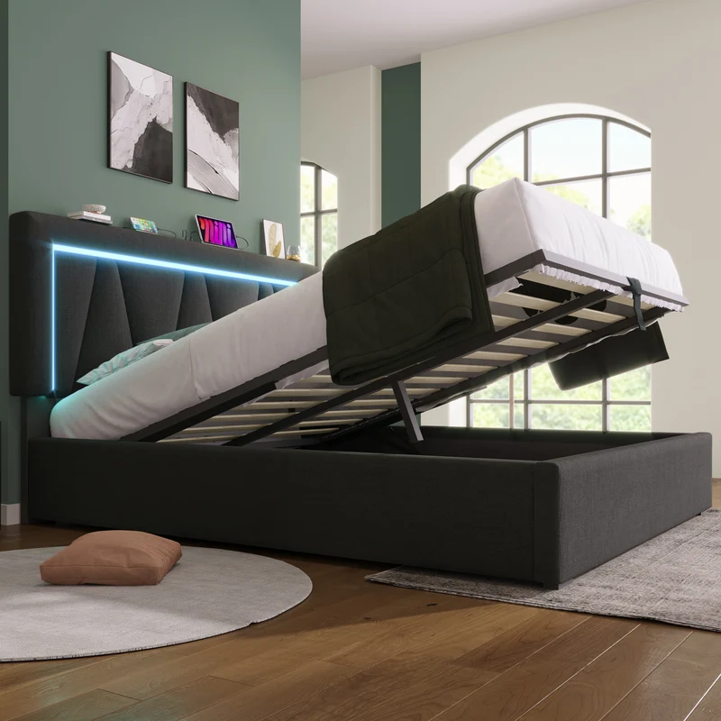 Lit double 140x200 cm en lin gris avec LED, rangement, tête de lit réglable, ports USB & Type C – Sommier inclus, sans matelas