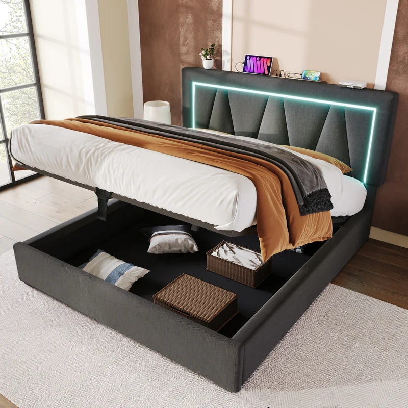 Lit double 140x200 cm en lin gris avec LED, rangement, tête de lit réglable, ports USB & Type C – Sommier inclus, sans matelas