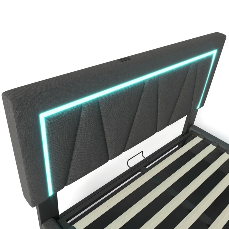 Lit double 140x200 cm en lin gris avec LED, rangement, tête de lit réglable, ports USB & Type C – Sommier inclus, sans matelas