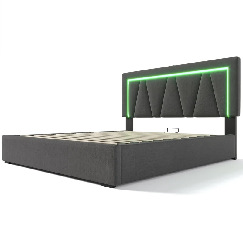 Lit double 140x200 cm en lin gris avec LED, rangement, tête de lit réglable, ports USB & Type C – Sommier inclus, sans matelas