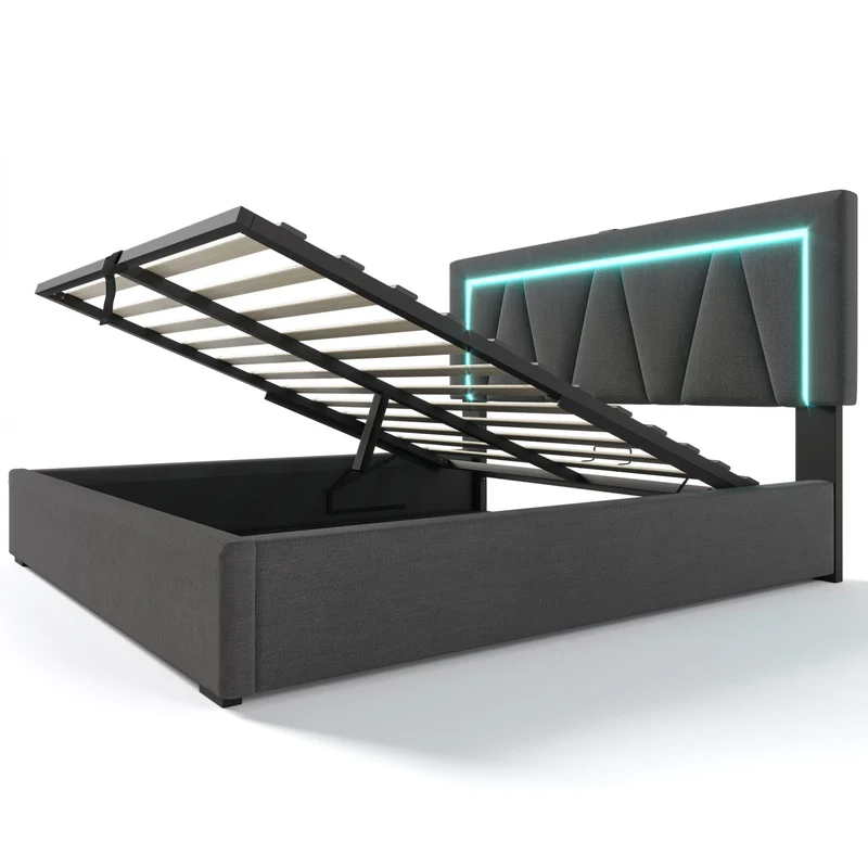 Lit double 140x200 cm en lin gris avec LED, rangement, tête de lit réglable, ports USB & Type C – Sommier inclus, sans matelas