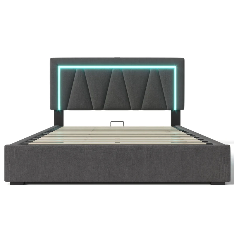 Lit double 140x200 cm en lin gris avec LED, rangement, tête de lit réglable, ports USB & Type C – Sommier inclus, sans matelas