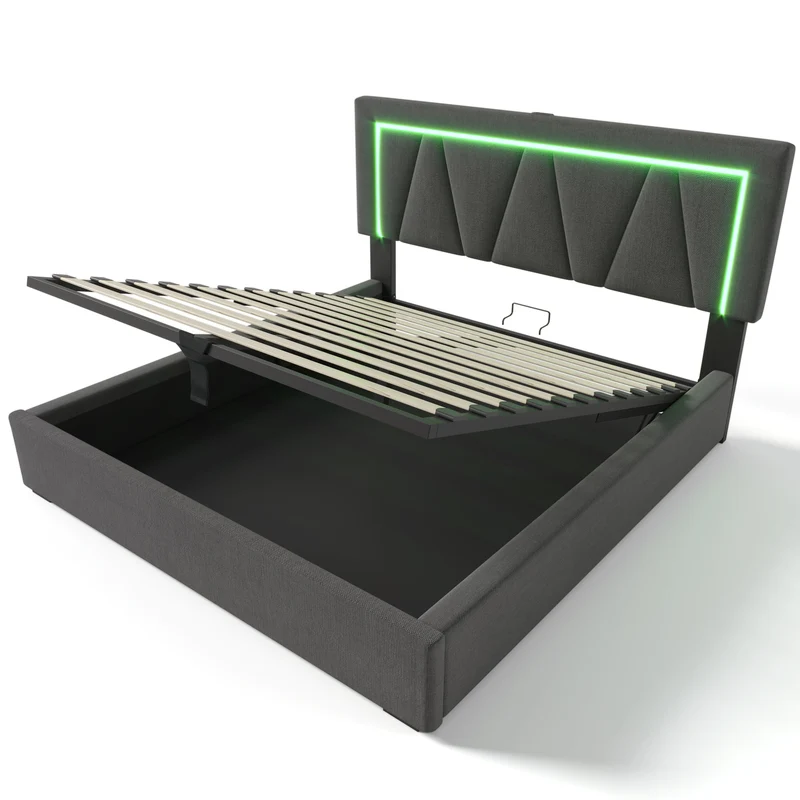 Lit double 140x200 cm en lin gris avec LED, rangement, tête de lit réglable, ports USB & Type C – Sommier inclus, sans matelas