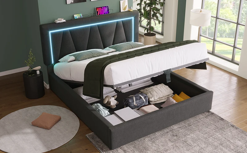 Lit double 140x200 cm en lin gris avec LED, rangement, tête de lit réglable, ports USB & Type C – Sommier inclus, sans matelas