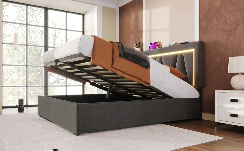 Lit double 140x200 cm en lin gris avec LED, rangement, tête de lit réglable, ports USB & Type C – Sommier inclus, sans matelas