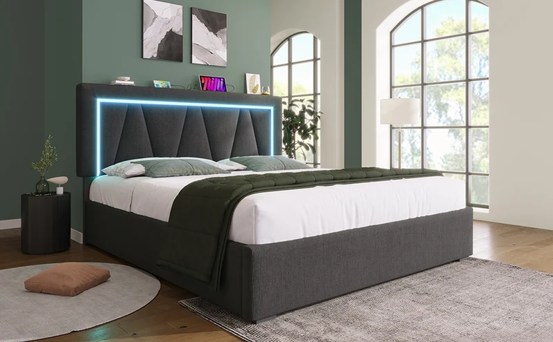 Lit double 140x200 cm en lin gris avec LED, rangement, tête de lit réglable, ports USB & Type C – Sommier inclus, sans matelas
