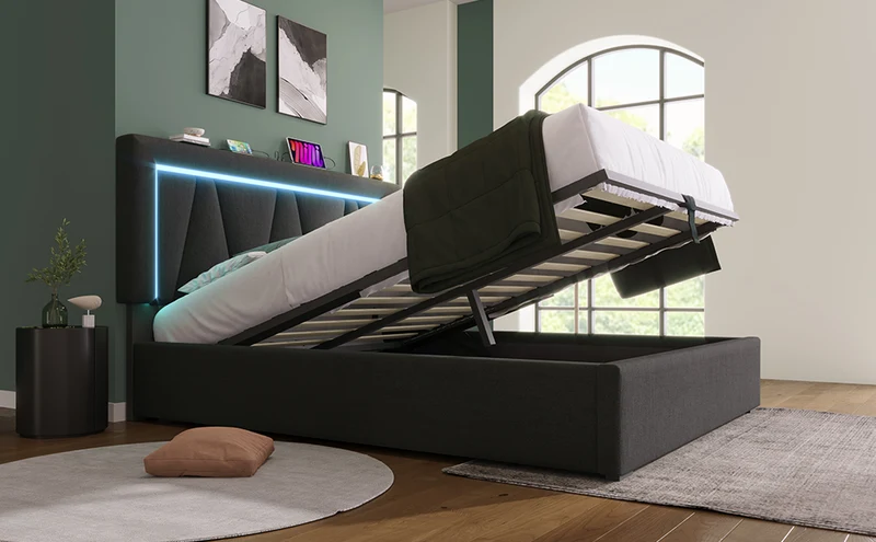 Lit double 140x200 cm en lin gris avec LED, rangement, tête de lit réglable, ports USB & Type C – Sommier inclus, sans matelas
