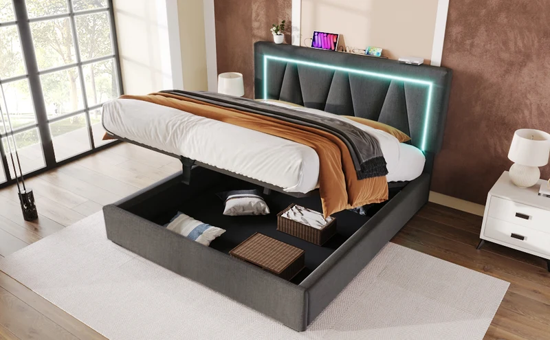 Lit double 140x200 cm en lin gris avec LED, rangement, tête de lit réglable, ports USB & Type C – Sommier inclus, sans matelas