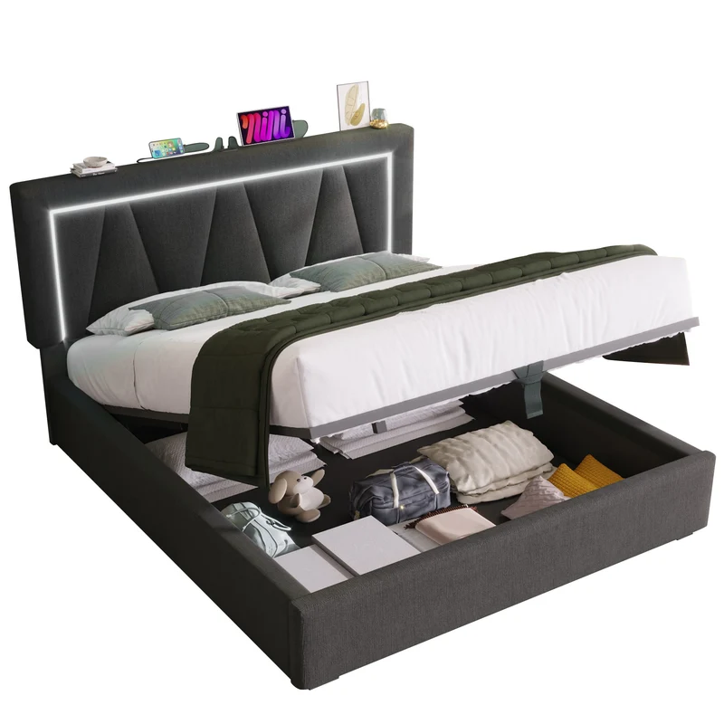 Lit double 140x200 cm en lin gris avec LED, rangement, tête de lit réglable, ports USB & Type C – Sommier inclus, sans matelas