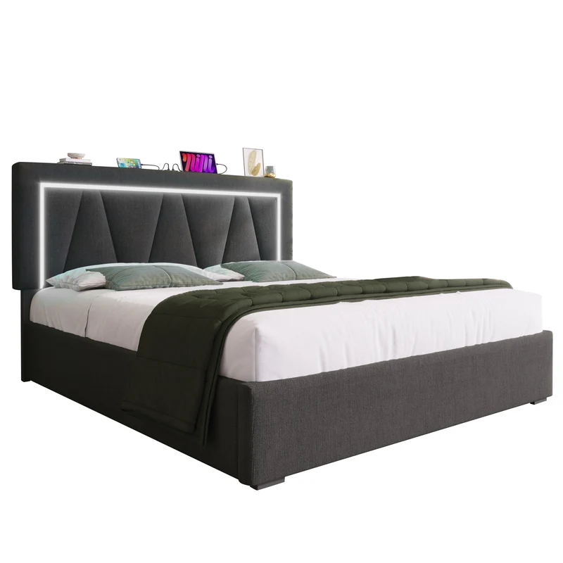 Lit double 140x200 cm en lin gris avec LED, rangement, tête de lit réglable, ports USB & Type C – Sommier inclus, sans matelas