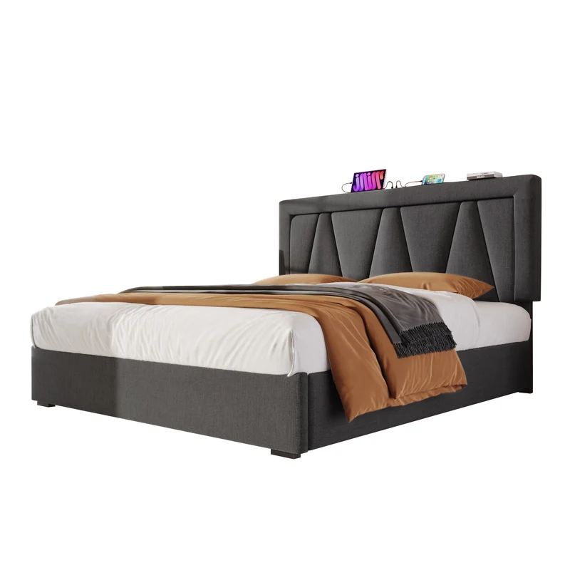 Lit double 140x200 cm en lin gris avec LED, rangement, tête de lit réglable, ports USB & Type C – Sommier inclus, sans matelas