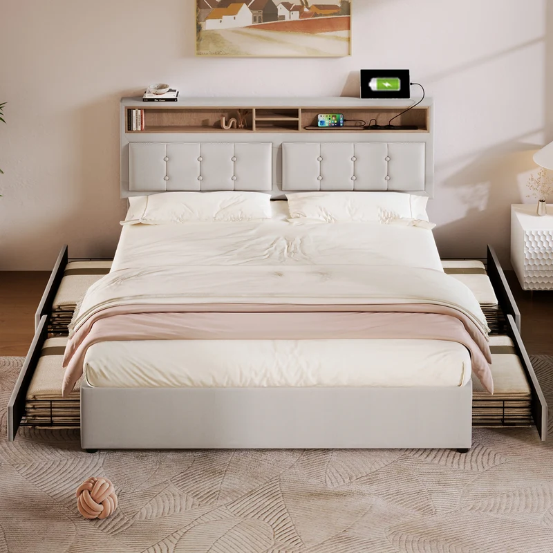 Lit double 160x200cm avec 4 tiroirs, tête de lit réglable, ports USB-C, tissu beige, sommier bois