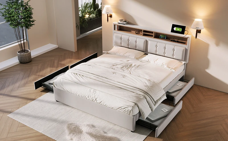 Lit double 160x200cm avec 4 tiroirs, tête de lit réglable, ports USB-C, tissu beige, sommier bois