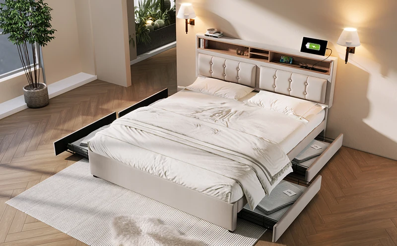 Lit double 160x200cm avec 4 tiroirs, tête de lit réglable, ports USB-C, tissu beige, sommier bois