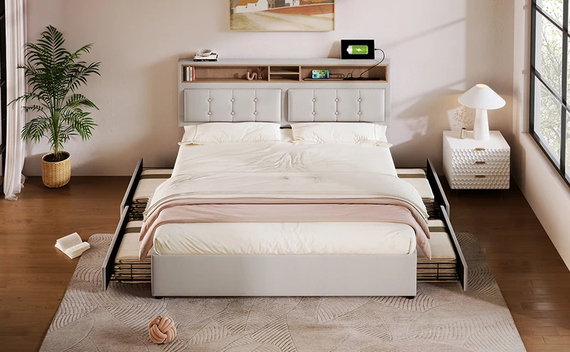 Lit double 160x200cm avec 4 tiroirs, tête de lit réglable, ports USB-C, tissu beige, sommier bois