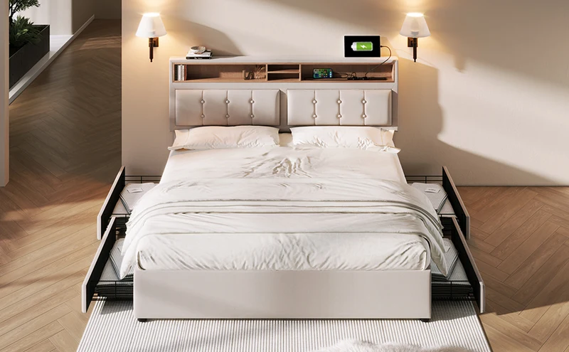 Lit double 160x200cm avec 4 tiroirs, tête de lit réglable, ports USB-C, tissu beige, sommier bois