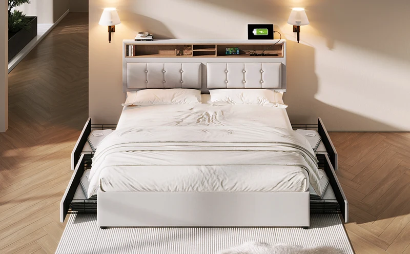 Lit double 160x200cm avec 4 tiroirs, tête de lit réglable, ports USB-C, tissu beige, sommier bois