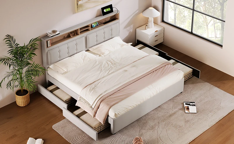 Lit double 160x200cm avec 4 tiroirs, tête de lit réglable, ports USB-C, tissu beige, sommier bois