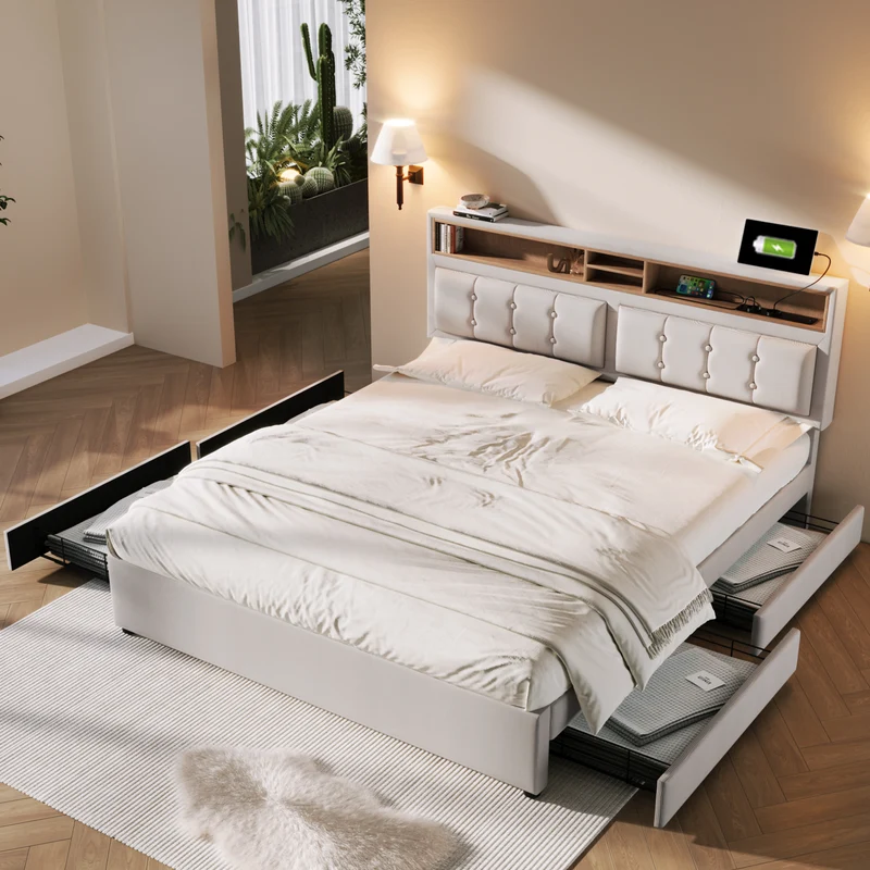 Lit double 160x200cm avec 4 tiroirs, tête de lit réglable, ports USB-C, tissu beige, sommier bois