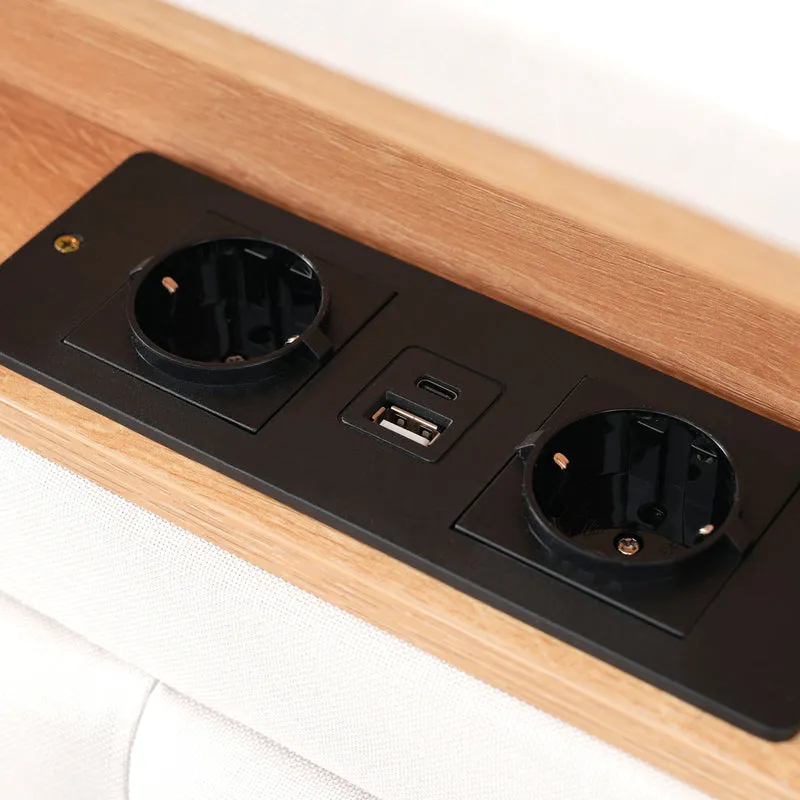 Lit double 160x200cm avec 4 tiroirs, tête de lit réglable, ports USB-C, tissu beige, sommier bois