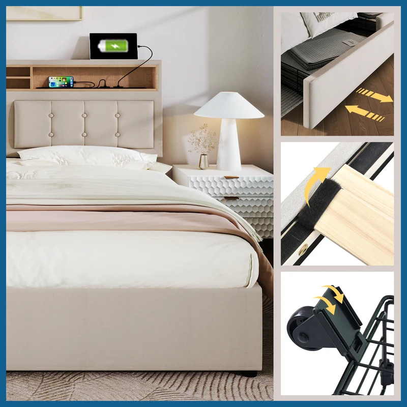 Lit double 160x200cm avec 4 tiroirs, tête de lit réglable, ports USB-C, tissu beige, sommier bois