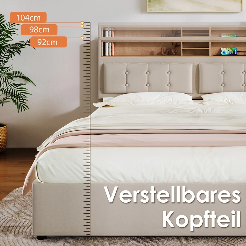 Lit double 160x200cm avec 4 tiroirs, tête de lit réglable, ports USB-C, tissu beige, sommier bois