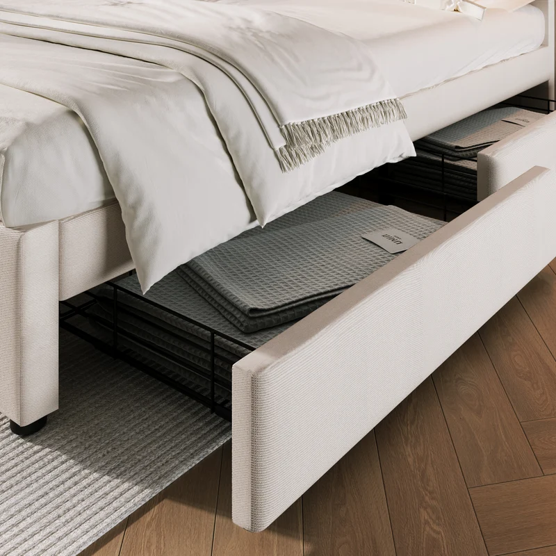 Lit double 160x200cm avec 4 tiroirs, tête de lit réglable, ports USB-C, tissu beige, sommier bois