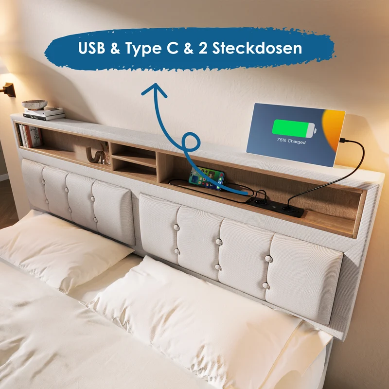 Lit double 160x200cm avec 4 tiroirs, tête de lit réglable, ports USB-C, tissu beige, sommier bois