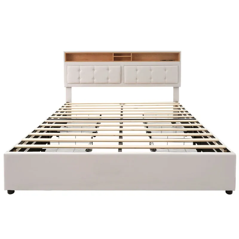 Lit double 160x200cm avec 4 tiroirs, tête de lit réglable, ports USB-C, tissu beige, sommier bois