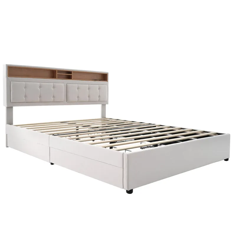 Lit double 160x200cm avec 4 tiroirs, tête de lit réglable, ports USB-C, tissu beige, sommier bois