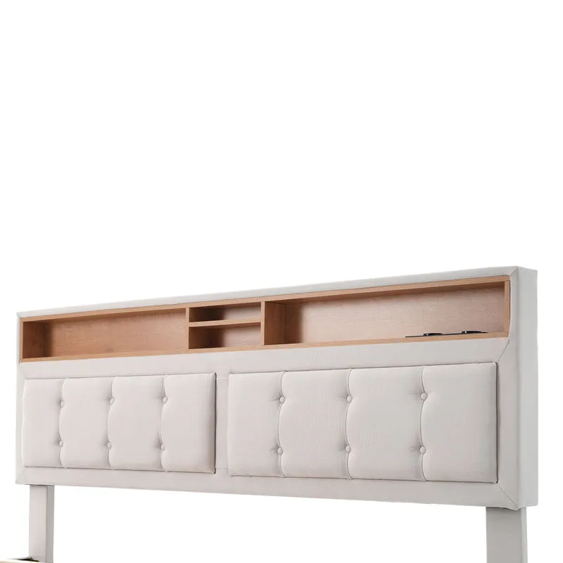 Lit double 160x200cm avec 4 tiroirs, tête de lit réglable, ports USB-C, tissu beige, sommier bois