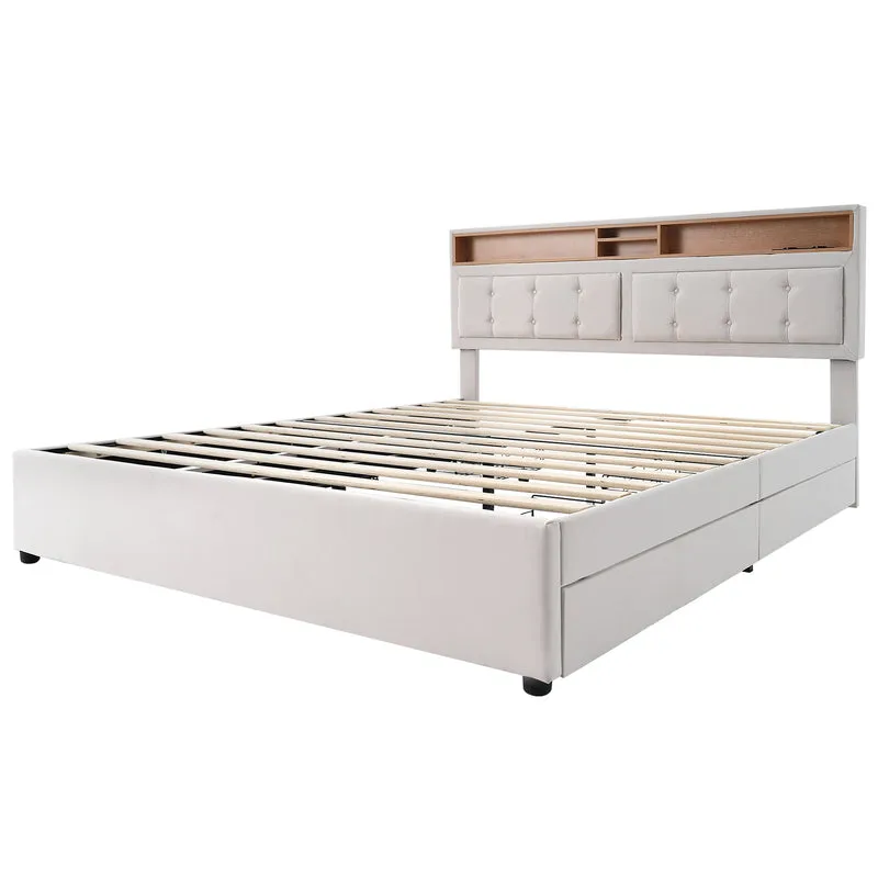 Lit double 160x200cm avec 4 tiroirs, tête de lit réglable, ports USB-C, tissu beige, sommier bois