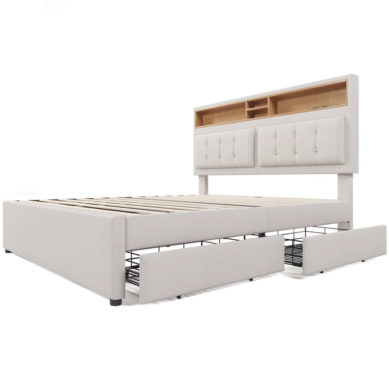 Lit double 160x200cm avec 4 tiroirs, tête de lit réglable, ports USB-C, tissu beige, sommier bois
