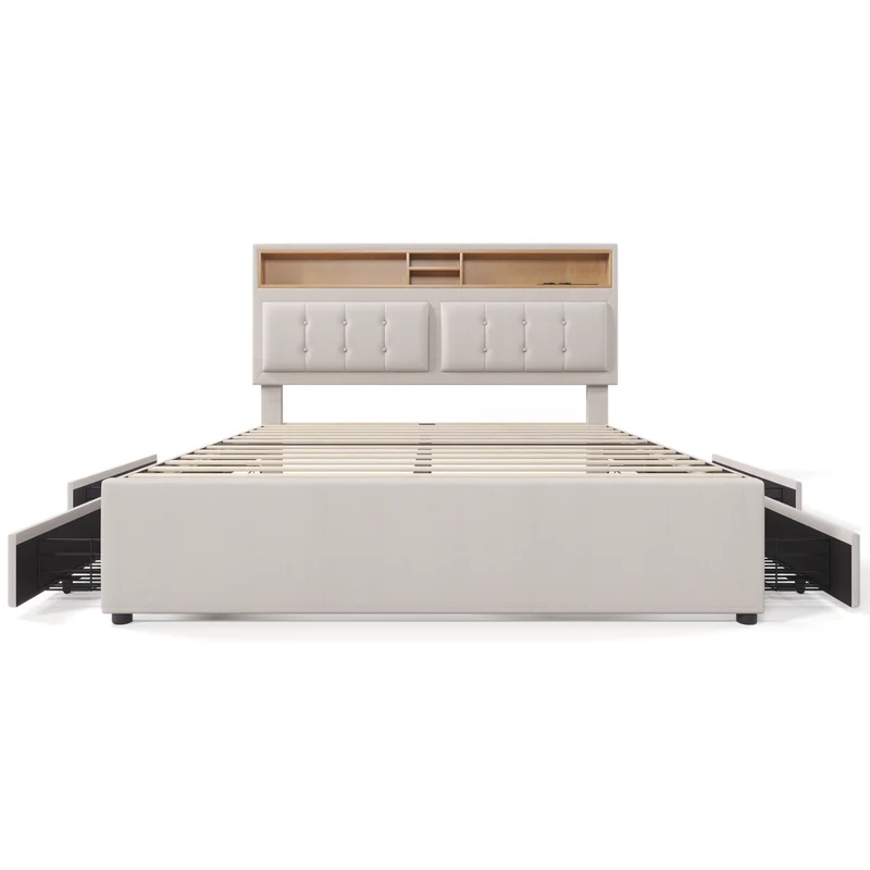 Lit double 160x200cm avec 4 tiroirs, tête de lit réglable, ports USB-C, tissu beige, sommier bois