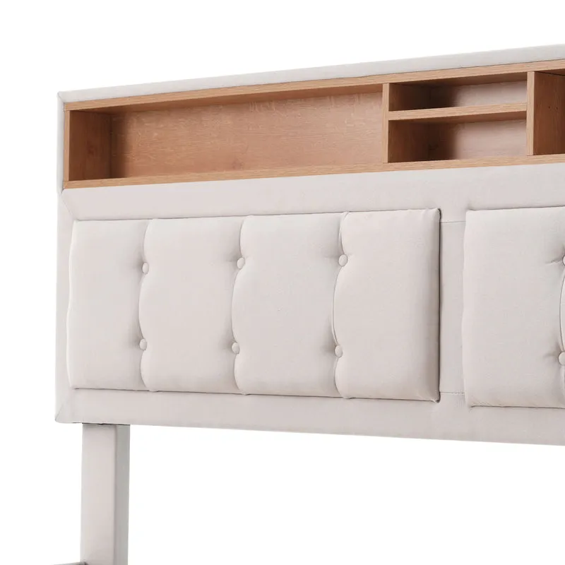Lit double 160x200cm avec 4 tiroirs, tête de lit réglable, ports USB-C, tissu beige, sommier bois