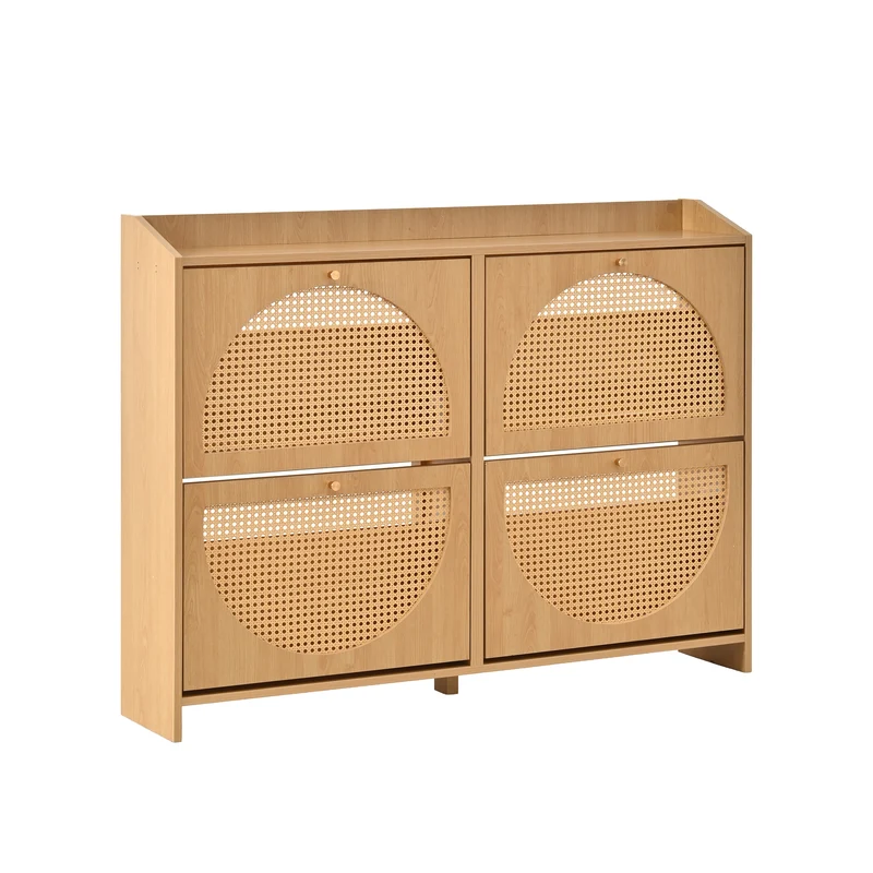 Meuble à chaussures effet bois naturel 4 portes avec motif arche rotin ajouré LAMP EASY