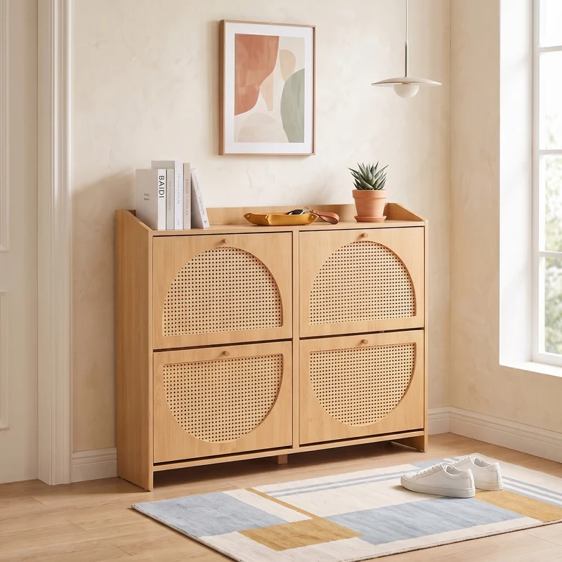 Meuble à chaussures effet bois naturel 4 portes avec motif arche rotin ajouré LAMP EASY