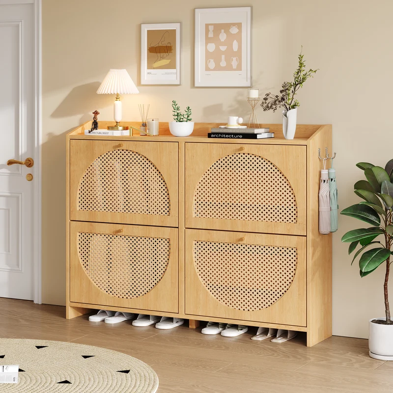 Meuble à chaussures effet bois naturel 4 portes avec motif arche rotin ajouré LAMP EASY