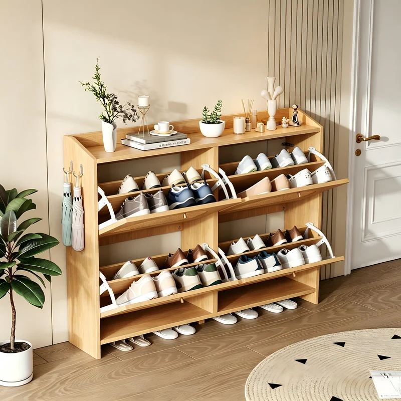 Meuble à chaussures effet bois naturel 4 portes avec motif arche rotin ajouré LAMP EASY