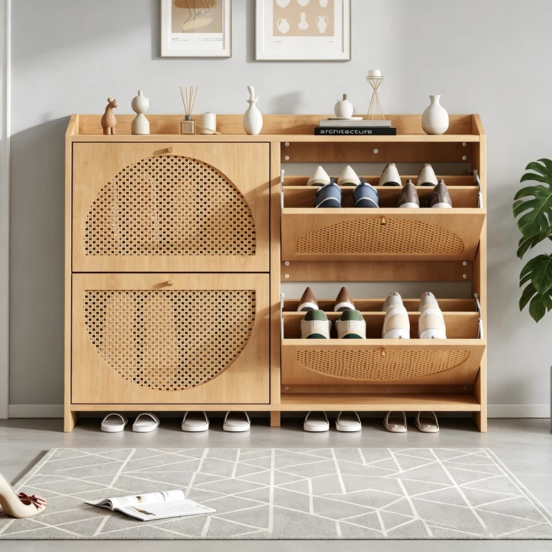 Meuble à chaussures effet bois naturel 4 portes avec motif arche rotin ajouré LAMP EASY