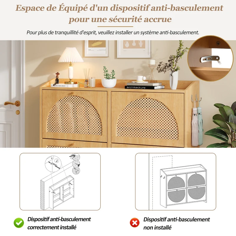 Meuble à chaussures effet bois naturel 4 portes avec motif arche rotin ajouré LAMP EASY