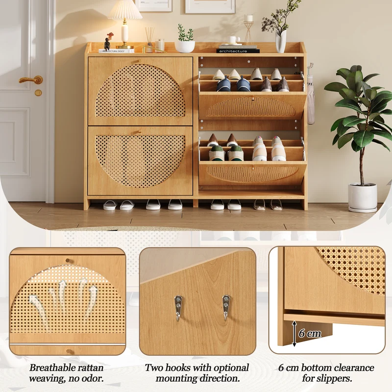 Meuble à chaussures effet bois naturel 4 portes avec motif arche rotin ajouré LAMP EASY