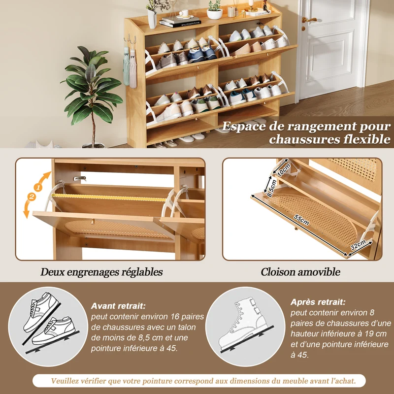 Meuble à chaussures effet bois naturel 4 portes avec motif arche rotin ajouré LAMP EASY