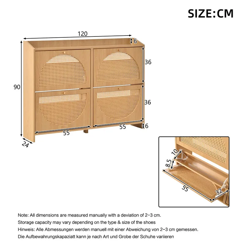 Meuble à chaussures effet bois naturel 4 portes avec motif arche rotin ajouré LAMP EASY