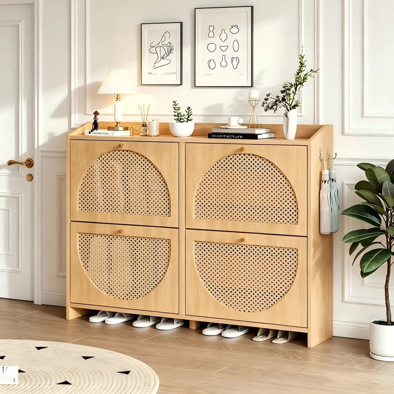 Meuble à chaussures effet bois naturel 4 portes avec motif arche rotin ajouré LAMP EASY