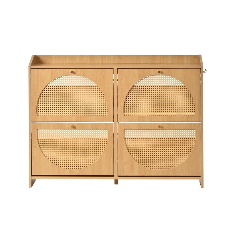 Meuble à chaussures effet bois naturel 4 portes avec motif arche rotin ajouré LAMP EASY
