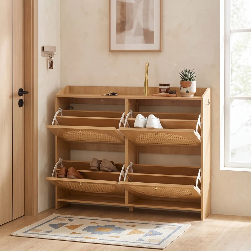 Meuble à chaussures effet bois naturel 4 portes avec motif arche rotin ajouré LAMP EASY